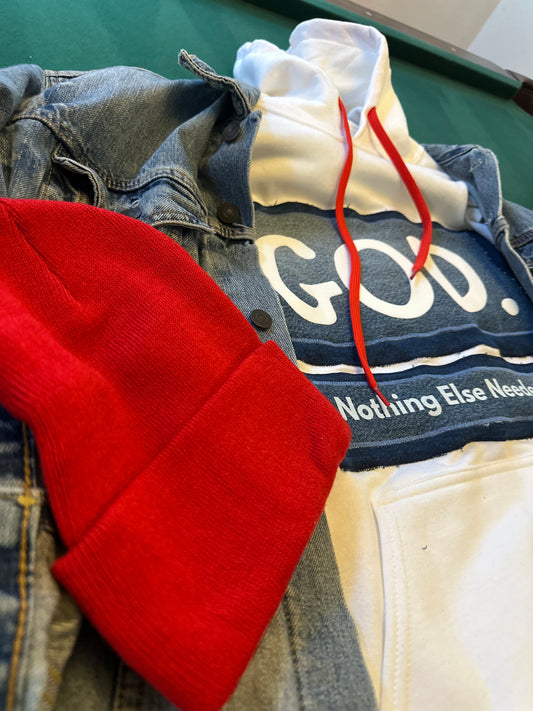 White Hoodie with Blue Jean Double Snitched fabric.