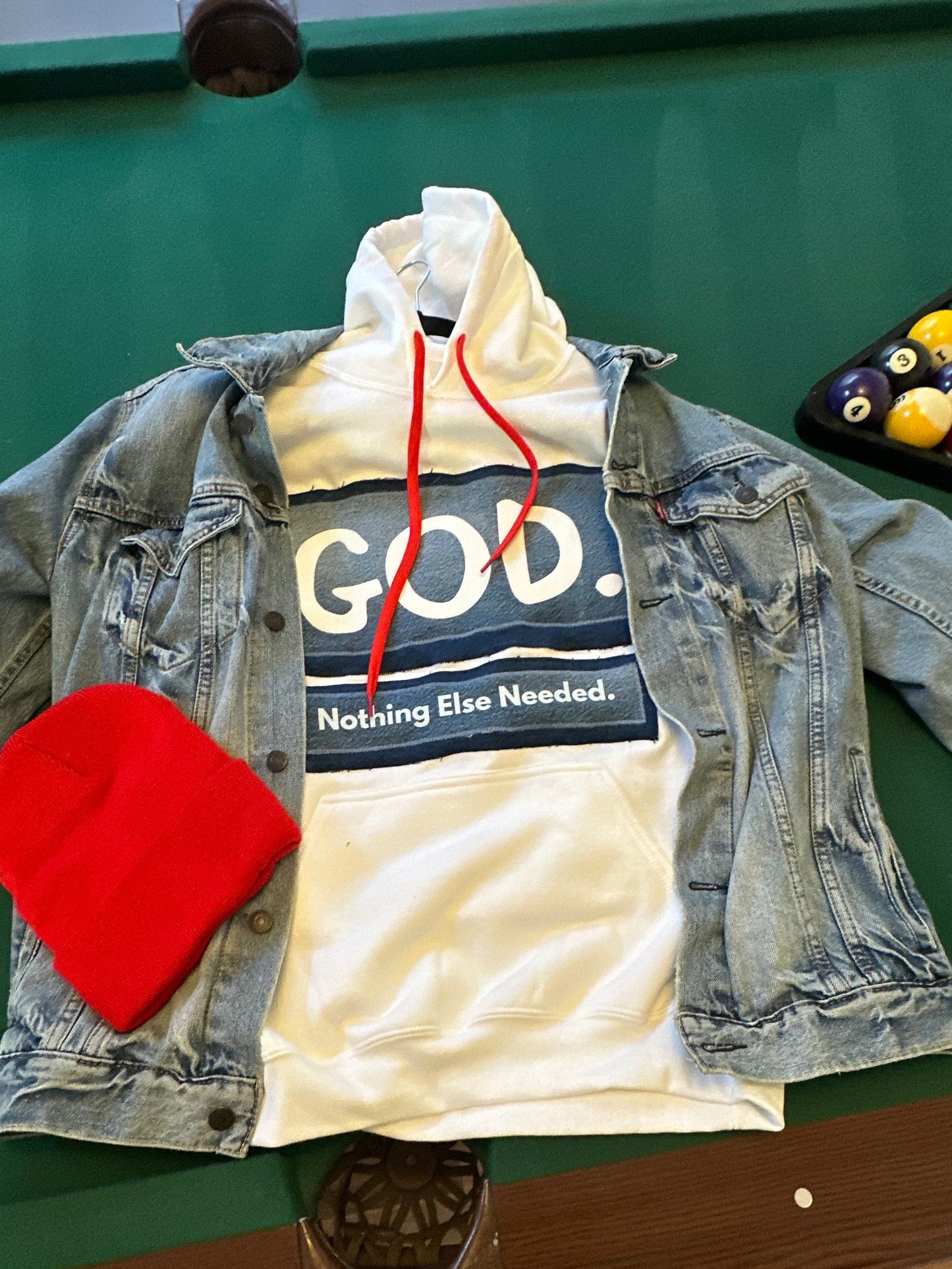 White Hoodie with Blue Jean Double Snitched fabric.