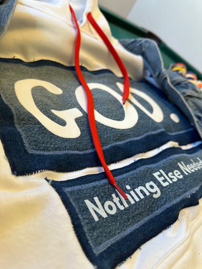 White Hoodie with Blue Jean Double Snitched fabric.