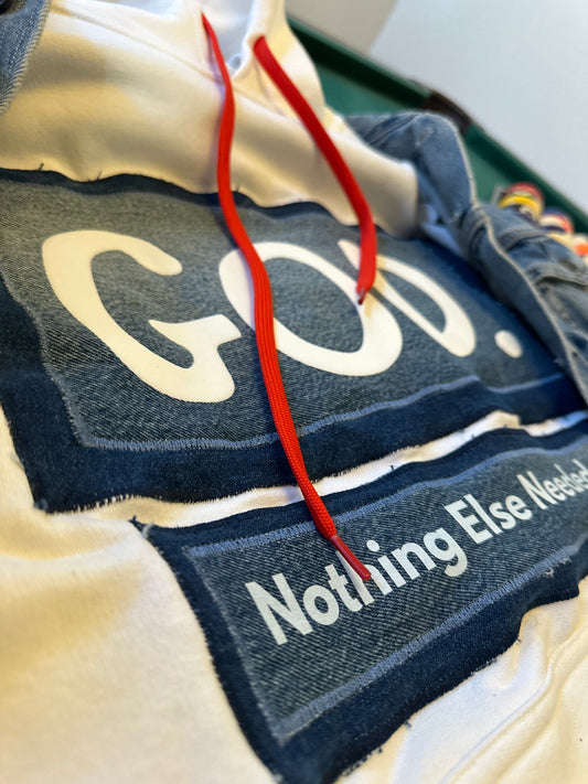 White Hoodie with Blue Jean Double Snitched fabric.